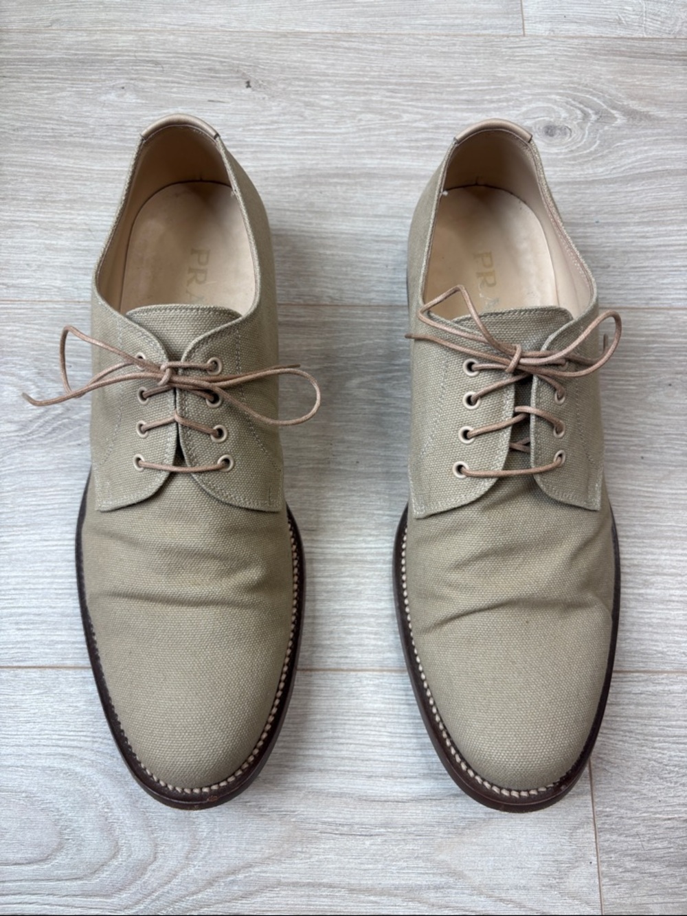 Prada Beige Canvas Derby Shoes with Brown Sole